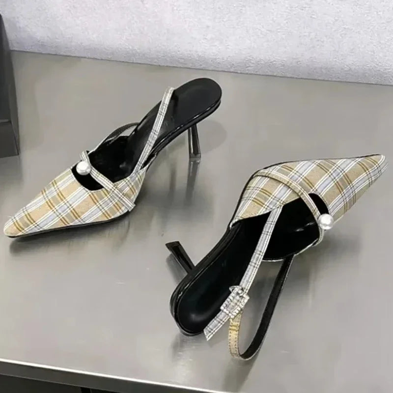 Pointed Toe Retro Plaid High Heels Women Slingbacks Shoes Women Pumps Sexy Office Fashion Dress Shoes Sandalias De Mujer