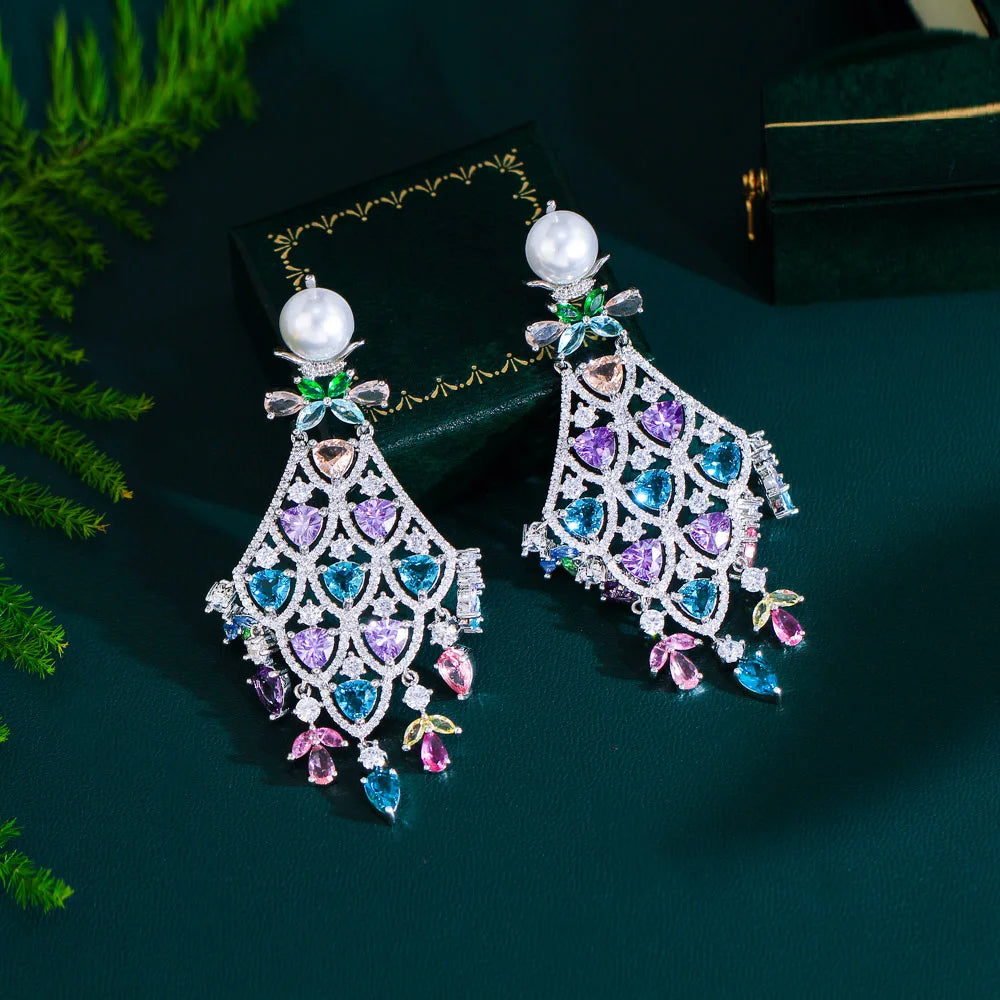 Luxury Chunky Cubic Zirconia Pave Multicolor Large Long Chandelier Drop Dangle Bridal Party Earrings for Women - EUFASHIONBAGS