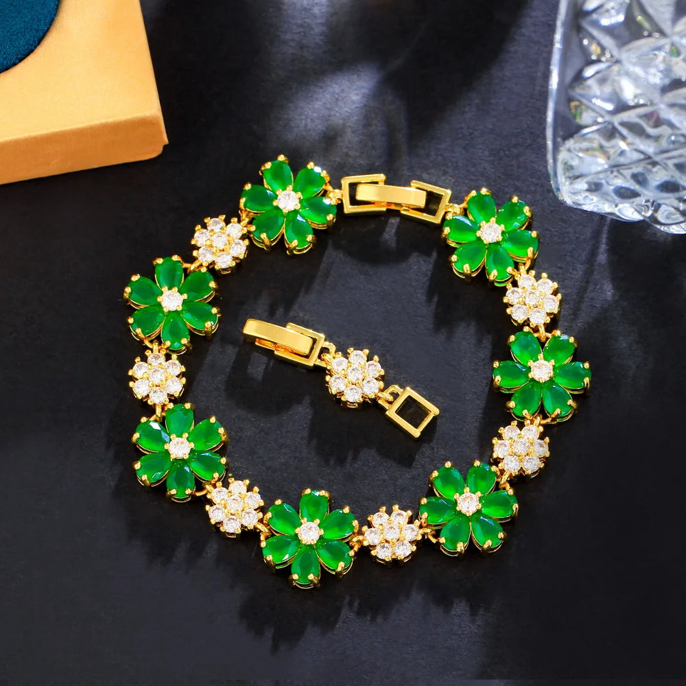 Gold Plated Green Cubic Zirconia Crystal Flower Charm Link Women Wedding Party Bracelets Jewelry Gift