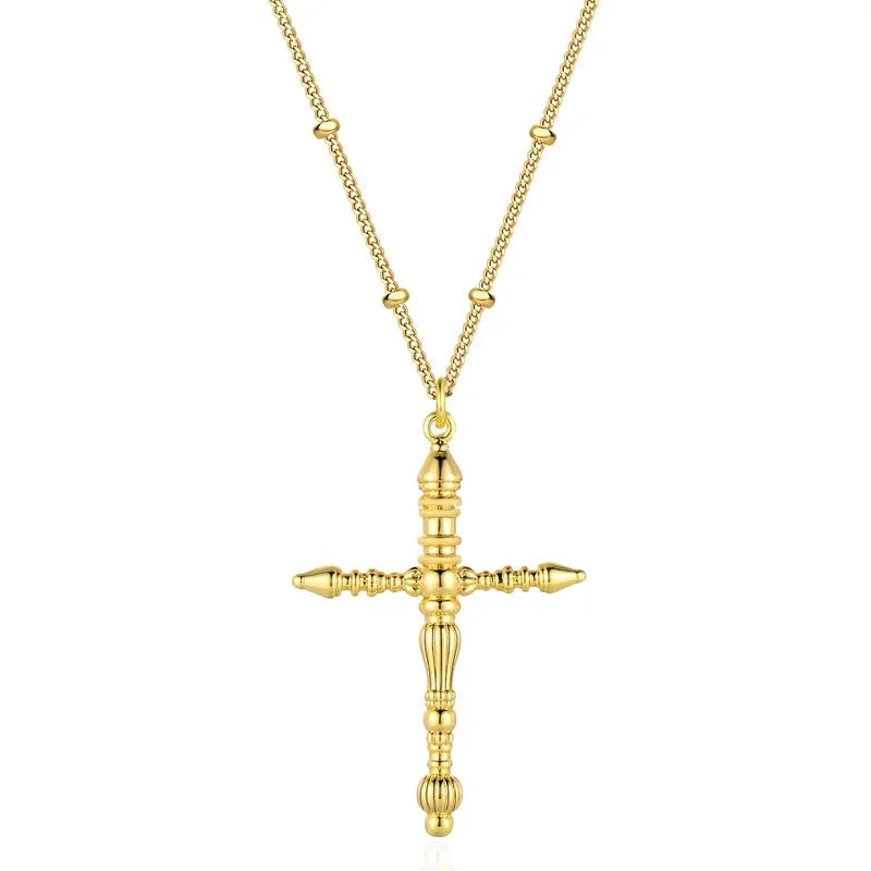 Gold Color Cross Pendant Long Beads Chain Necklace for Women Statement Female Neck Accessories Daily Wear Trendy Jewelry - EUFASHIONBAGS