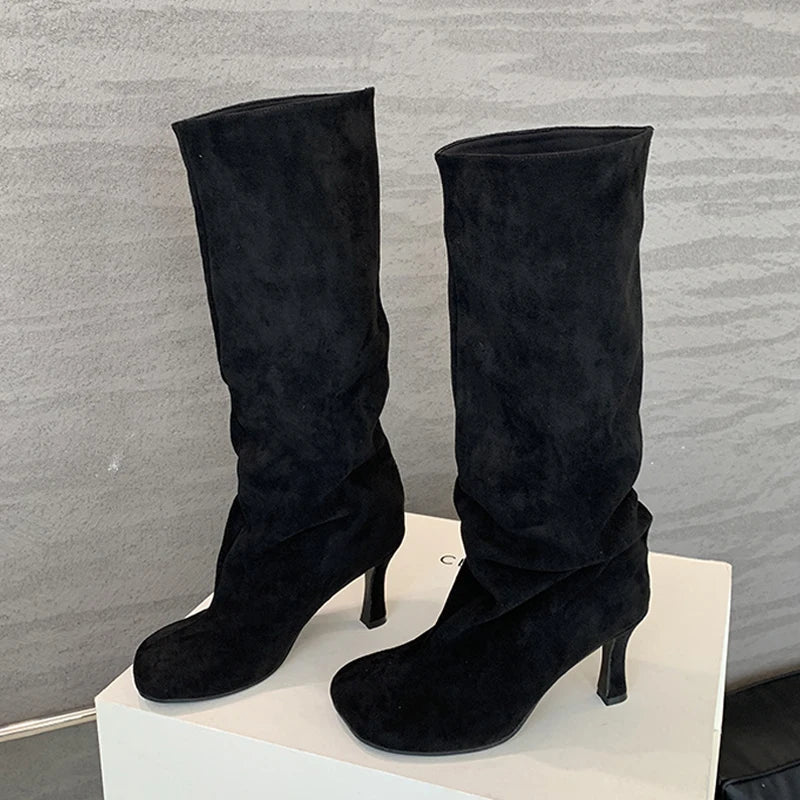 Fashion Square Toe Motorcycle Knee High Boots Women Autumn Winter Low Thin Heels Shoe Long Booties Zapatos De Mujer