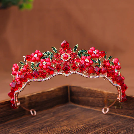 Baroque Luxury Red Crystal Flowers Tiaras For Women Diadem Wedding Girls Birthday Party Elegant Crowns Hair Jewelry Accessories - EUFASHIONBAGS