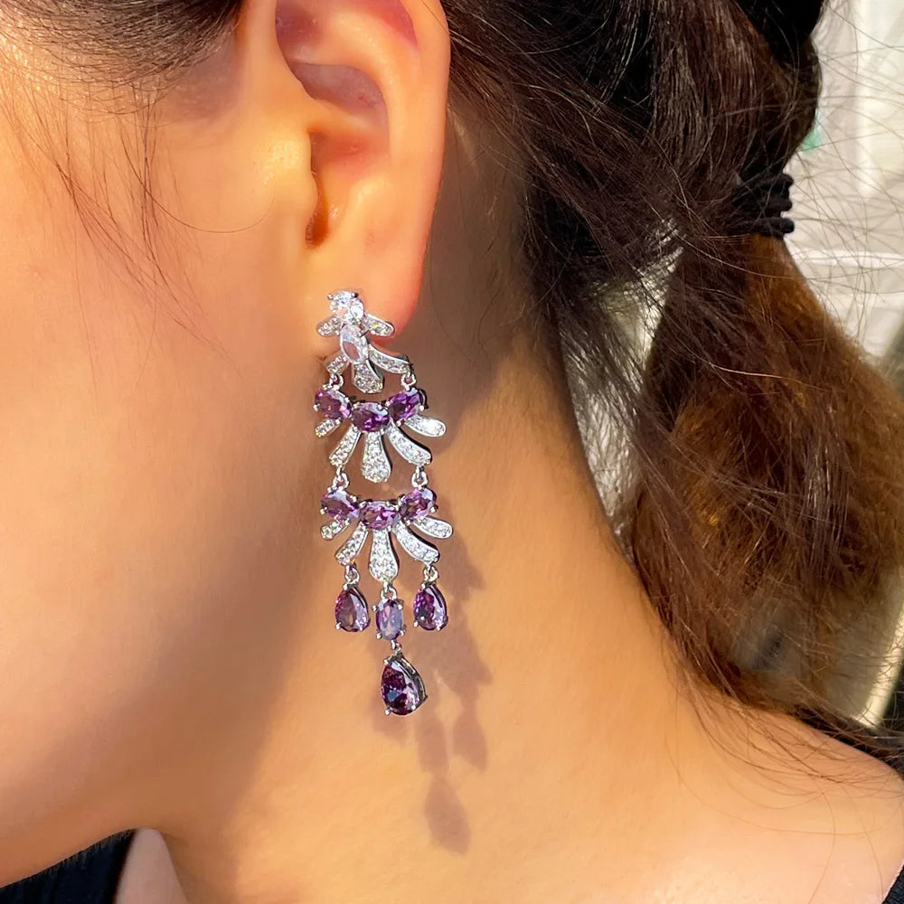 Royal Purple Cubic Zircon Stone Long Dangle Drop Women Engagement Wedding Party Chandelier Earrings for Brides - EUFASHIONBAGS