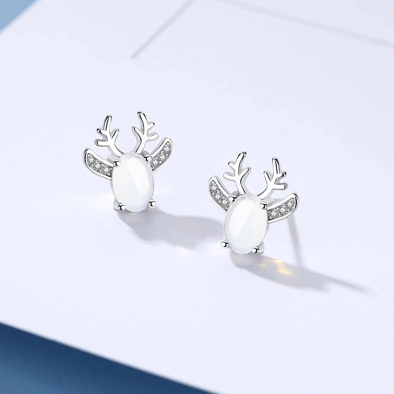 Christmas Elk Stud Earrings for Women Graceful Female Silver Color Brilliant Cubic Zirconia Jewelry Animal Accessories