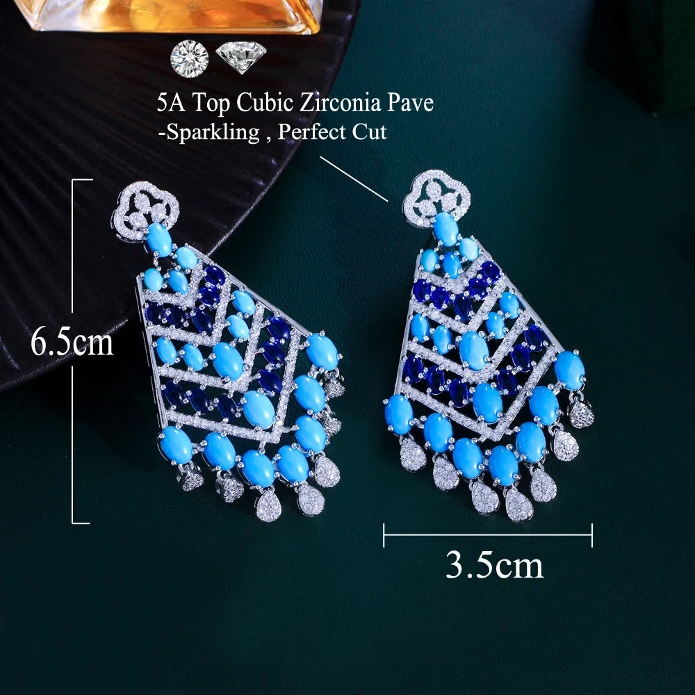 Luxury Chunky Blue Turquoise and White Cubic Zirconia Dangle Tassel Drop Long Party Wedding Earrings for Women - EUFASHIONBAGS