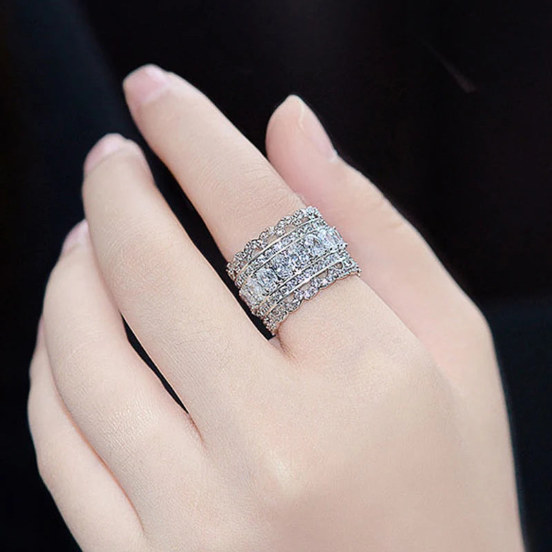 Gorgeous Women Wedding Eternity Rings Full Paved Bling Bling CZ Crystal Silver Color Rings for Party New Fashion Jewelry - EUFASHIONBAGS