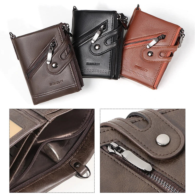 Retro Style Wallet Men Metal Chain Anti Theft PU Leather Bifold Zipper Wallet Credit Card Storage Bag Business Card Holder