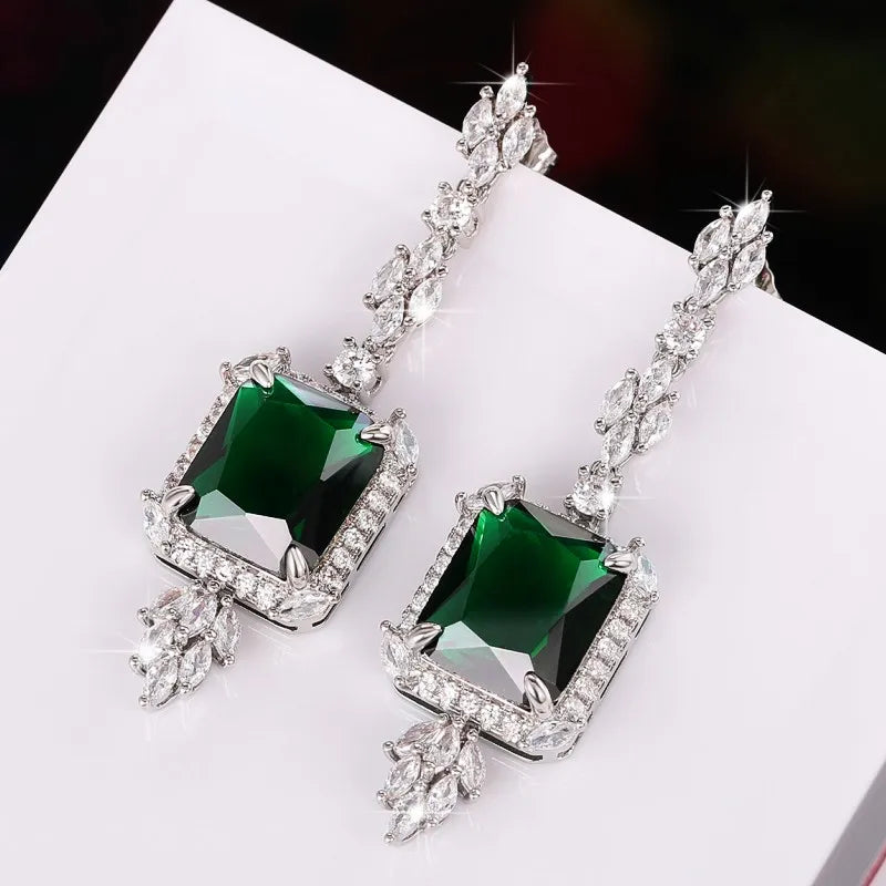 Geometric Square Green Cubic Zircon Dangle Earrings Sparkling Crystal CZ Luxury Ear Accessories for Women Wedding Jewelry - EUFASHIONBAGS