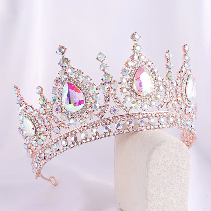 Baroque Rose Gold AB Color Rhinestone Crystal Queen Crown With Earrings Wedding Tiaras Women Beauty Pageant Diadem Hair Jewelry - EUFASHIONBAGS