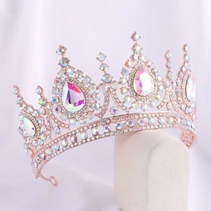 Baroque Rose Gold AB Color Rhinestone Crystal Queen Crown With Earrings Wedding Tiaras Women Beauty Pageant Diadem Hair Jewelry