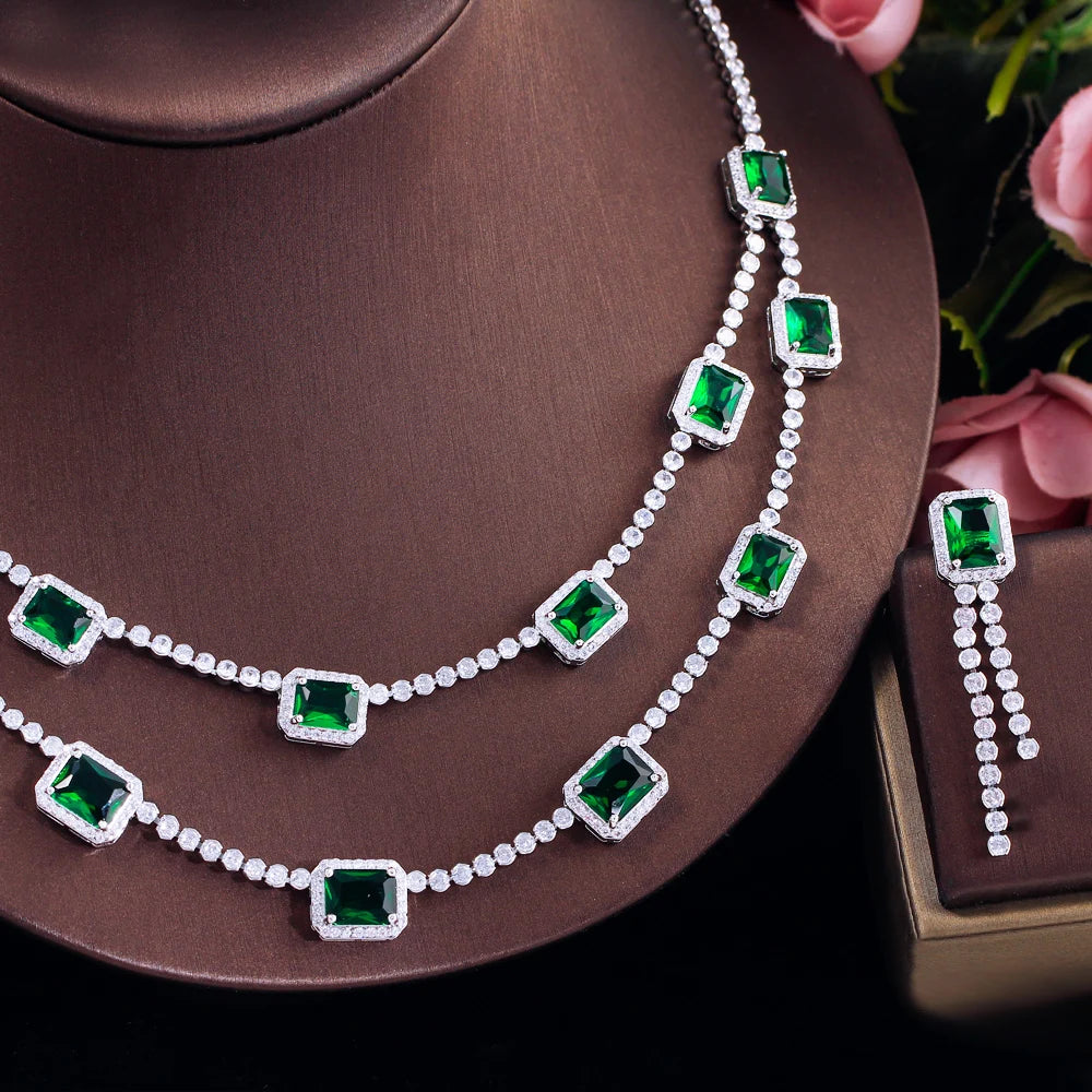 Luxury Green Square Cubic Zircon Double Layered Necklace Earrings Wedding Bridal Jewelry Sets Dress Accessories - EUFASHIONBAGS