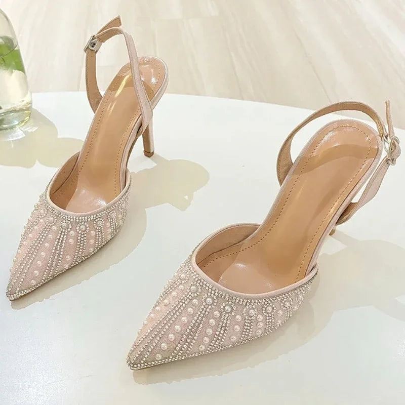 Pearl Rhinestone Pointed Toe High Heels Women 2025 New Shallow Elegant Wedding Dress Shoes Fashion Design Crystal Sandals Women