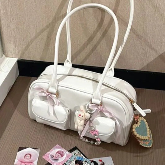 Retro White Bowling Bag Purse Women Leather Pocket Chic Casual Handbag Vintage Shoulder Bags Aesthetic