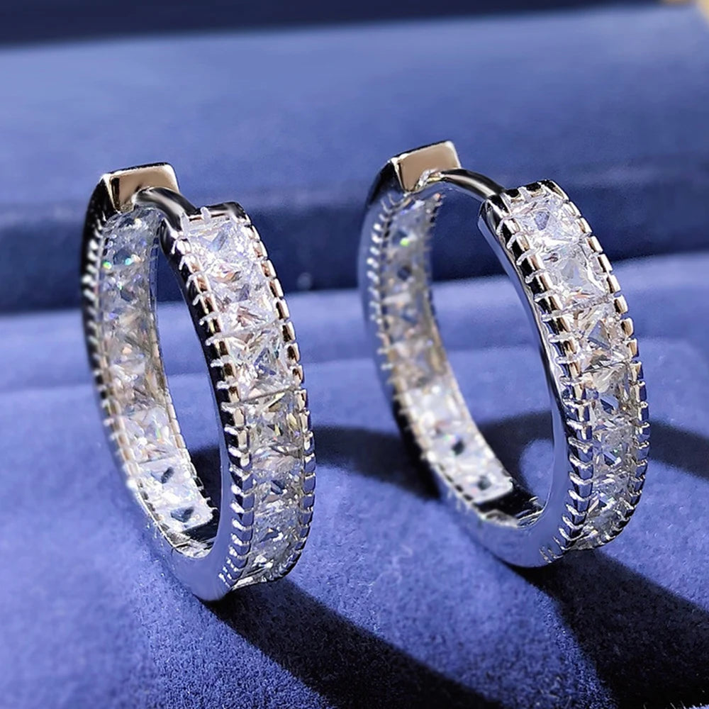 Luxury Square Cubic Zirconia Circle Hoop Earrings for Women Silver Color Fashion Versatile Lady's Ear Rings Trend Jewelry