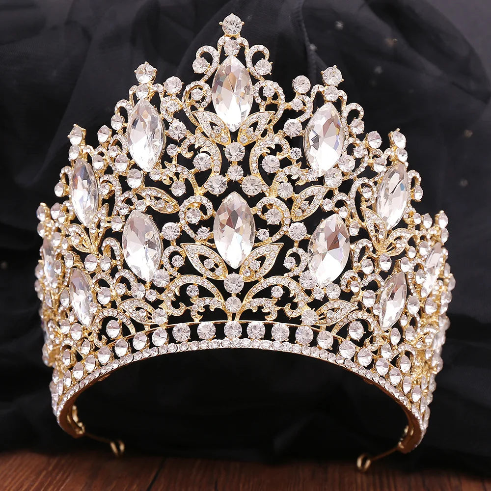 Green Crystal Tiara Round Crown 14cm Height Bridal Headwear Pageant Headdress Party Elegant Diadem Wedding Hair jewelry - EUFASHIONBAGS