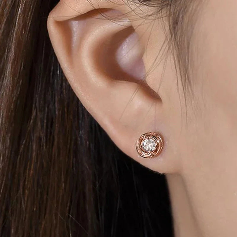 Graceful Shiny Cubic Zirconia Stud Earrings for Women All-matching Rose Gold Color Accessories Noble Engagement Jewelry - EUFASHIONBAGS