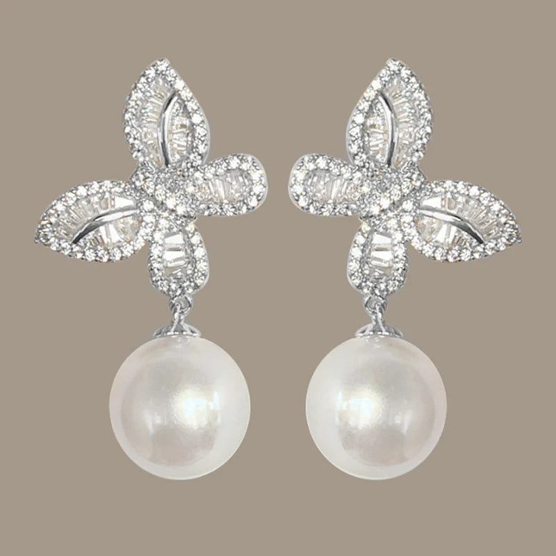 Aesthetic Butterfly Drop Earrings for Women Graceful Simulated Pearl Accessories for Wedding Bright Zirconia Jewelry Gift