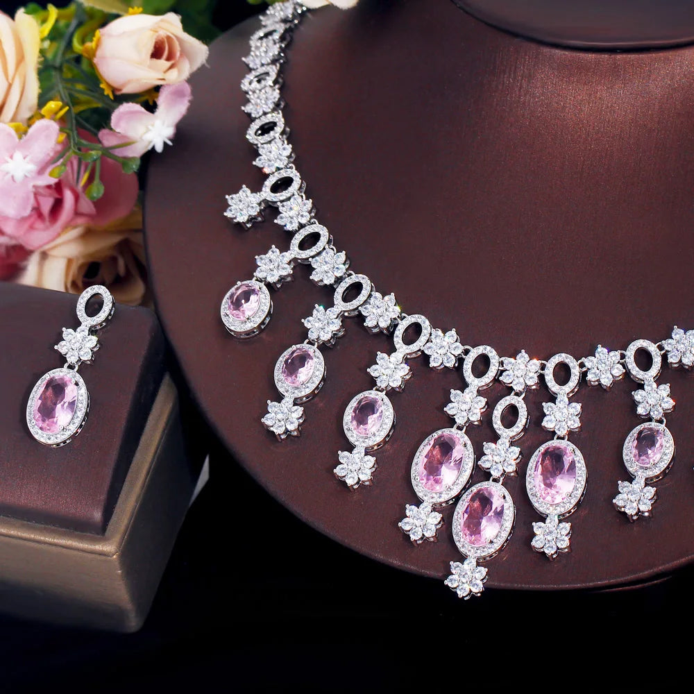 Charming Pink Cubic Zirconia Flower Drop Large Tassel Necklace Bridal Wedding Banquet Jewelry Set for Women Gift - EUFASHIONBAGS