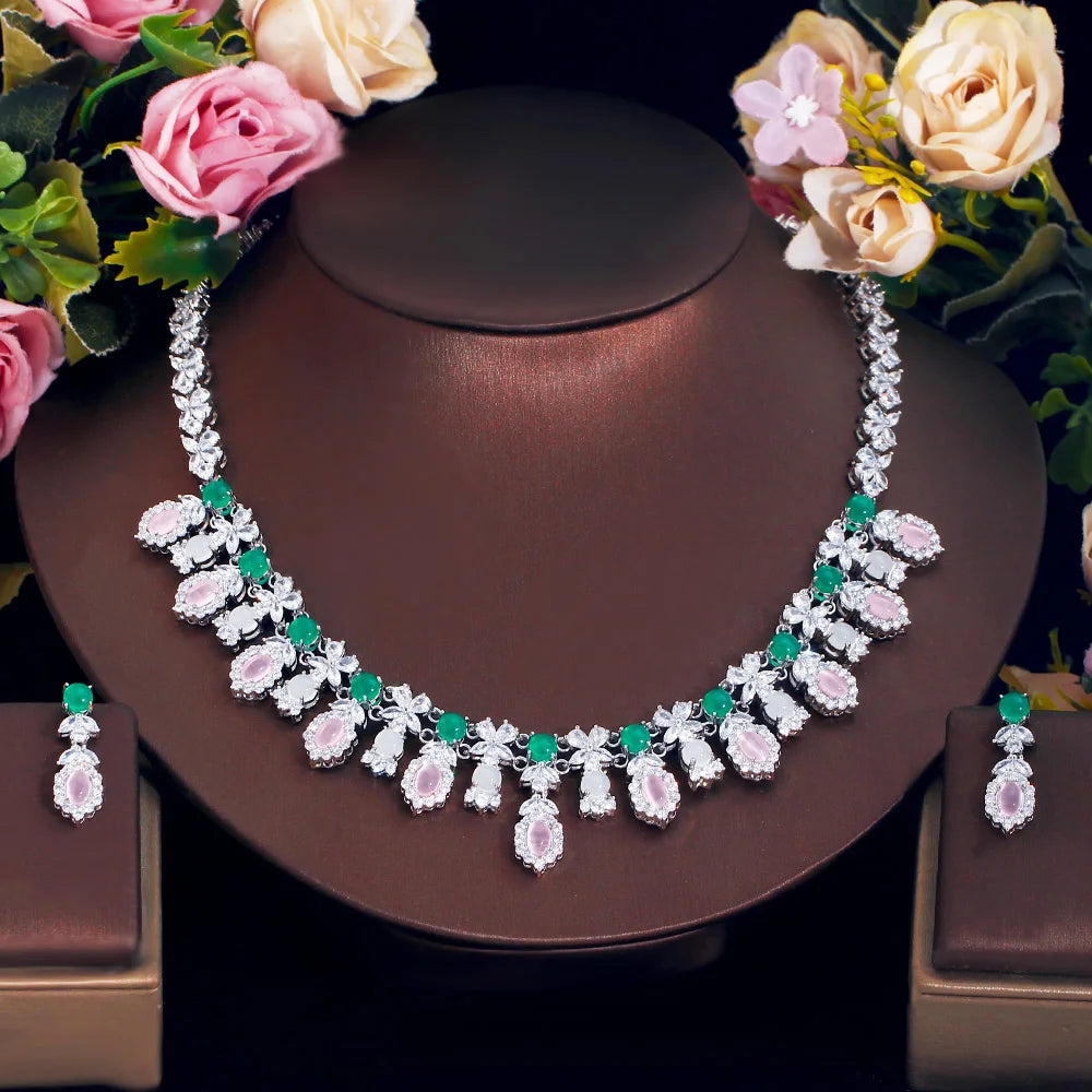 Pink Opal and Cubic Zirconia Setting Flower Bridal Necklace Earring Jewelry Sets for Wedding Accessories - EUFASHIONBAGS