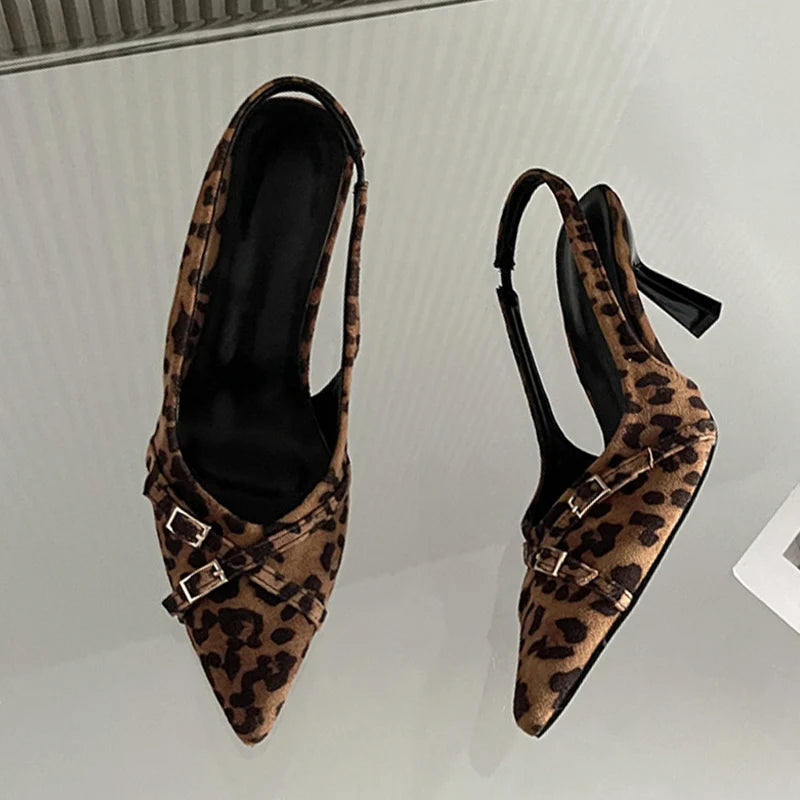 Sexy Leopard Print Pointed Toe Stiletto Sandal  Narrow Band Buckle Strap Women Slingback High Heels Mules Shoe Pumps