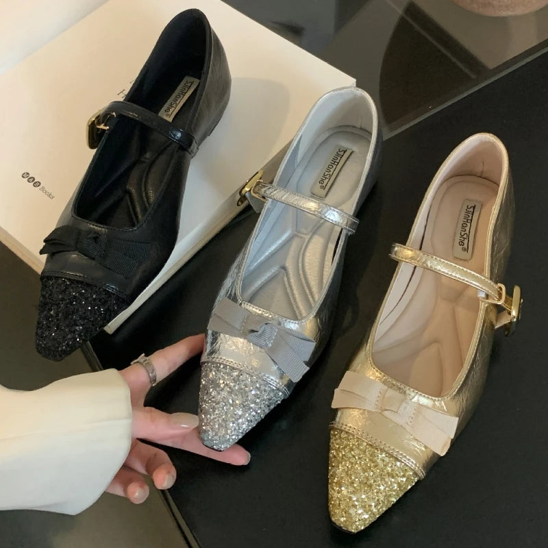 Bling Butterfly-knot Mary Jane Shoes Women Fashion Flat Shoes Shallow Comfort Increased Internal Brand Dress Shoes Women