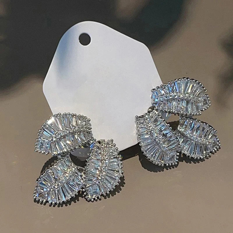 Leaf Pierced Earrings Female Silver Color Bright Zirconia Jewelry for Engagement Party Fashion Chic Accessories - EUFASHIONBAGS