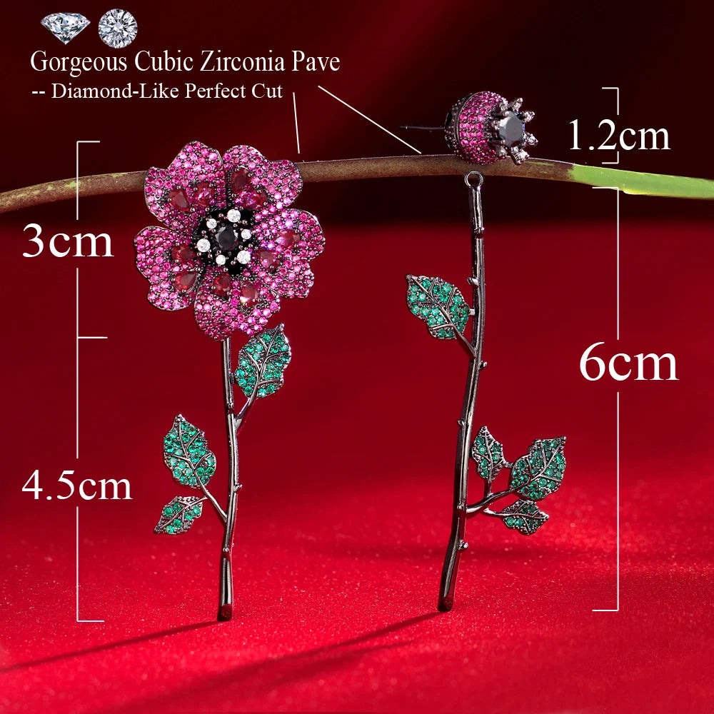 Creative Removable Design Cubic Zirconia Red Flower Leaf Big Long Dangle Drop Luxury Party Earrings for Women - EUFASHIONBAGS