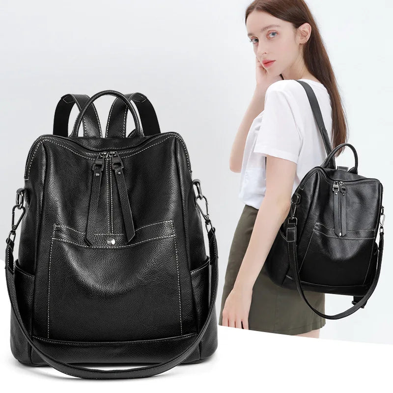 Genuine Leather Women's Backpack Large  Fashion Casual Shoulder Bag Soft High Quality Cowhide Foldable Girls Backpacks