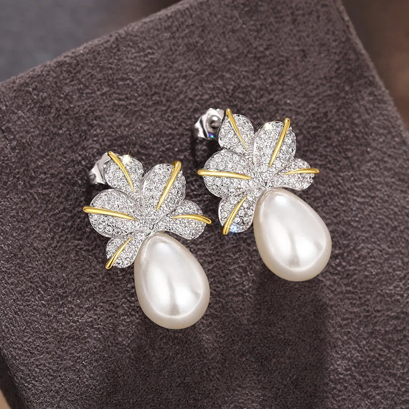 Aesthetic Flower Imitation Pearl Drop Earrings Temperament Women's Accessories for Wedding Party Luxury Trendy Jewelry