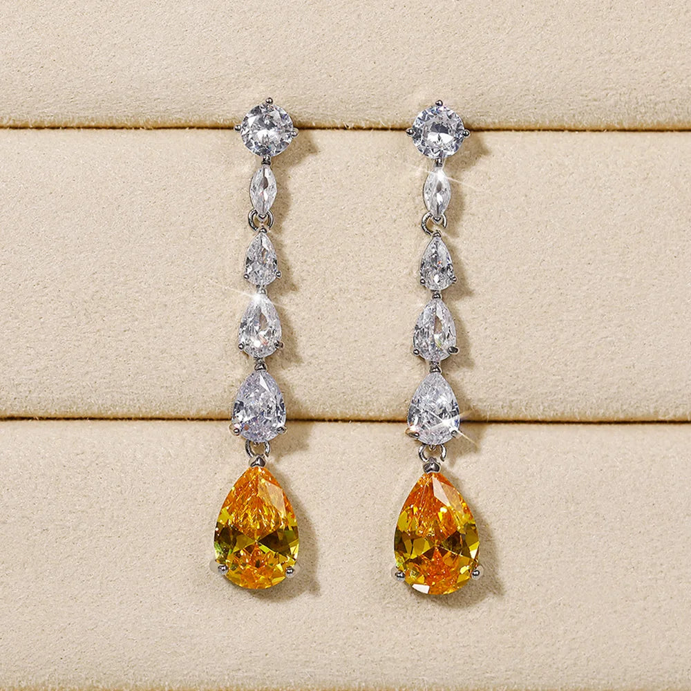 Bright Pear Yellow Cubic Zirconia Long Hanging Earrings Romantic Bride Wedding Accessory Luxury Fashion Jewelry for Women - EUFASHIONBAGS