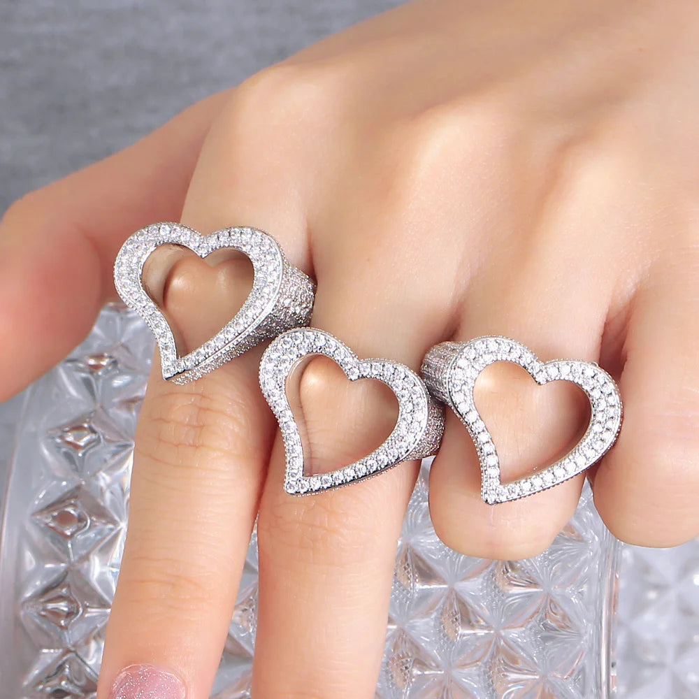 New Full Iced Out Bling Hollow Out Heart 5A CZ Cubic Zirconia Micro Pave Rings for Women Hip Hop Punk Jewelry - EUFASHIONBAGS