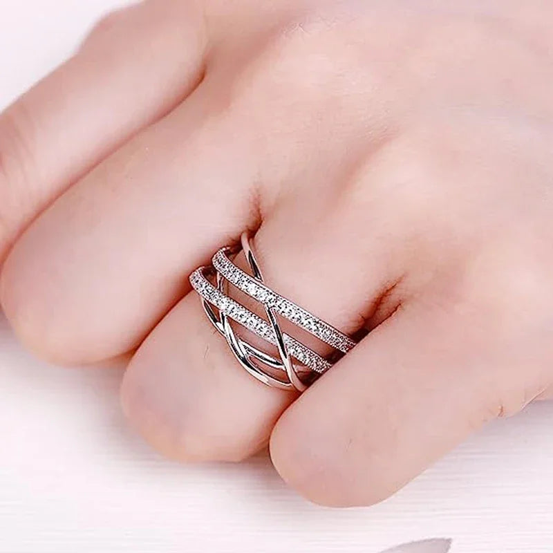 Silver Color Multi-cross Finger Ring with Shiny Crystal CZ Modern Fashion Female Rings Daily Wear Party Statement Jewelry - EUFASHIONBAGS