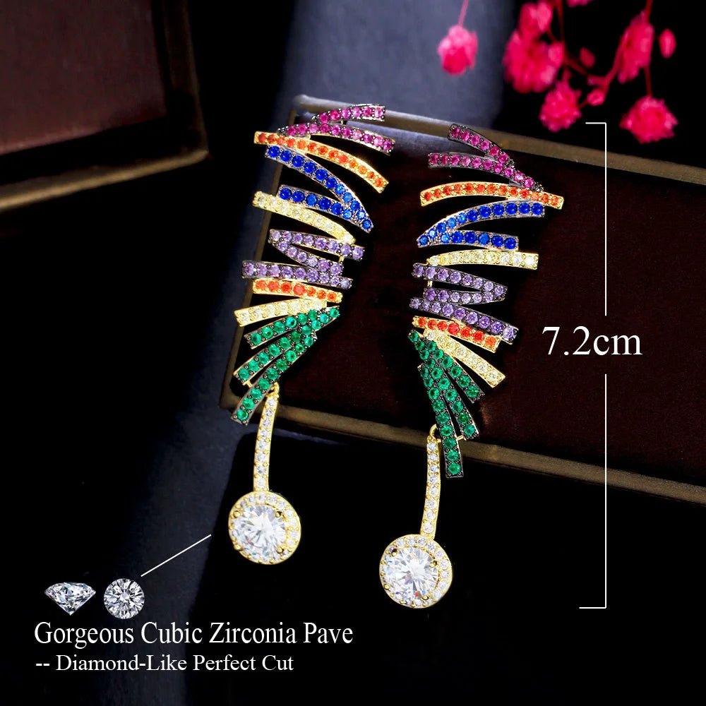 Multiple Colorful Micro Pave Cubic Zirconia Stones Geometric Luxury Long Dangle Engagement Earrings for Women - EUFASHIONBAGS