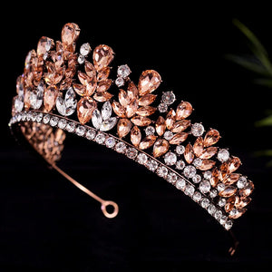 Baroque Antique Gold Color Peach Crystal Wedding Crown Tiara Rhinestone Encrusted Queen Princess Pageant Diadem Hair Accessories