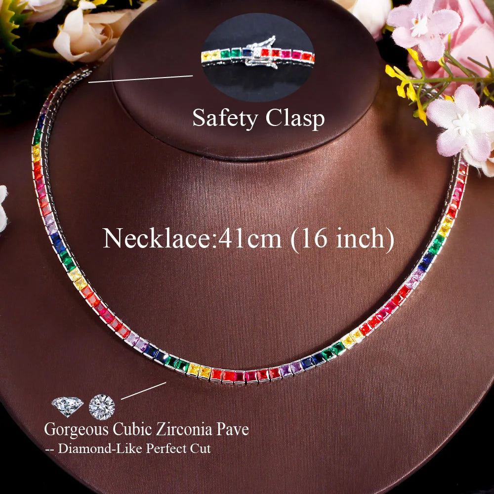 Square Multicolor Rainbow Cubic Zirconia Boho Jewelry Women Tennis Choker Necklace with Safety Clasp