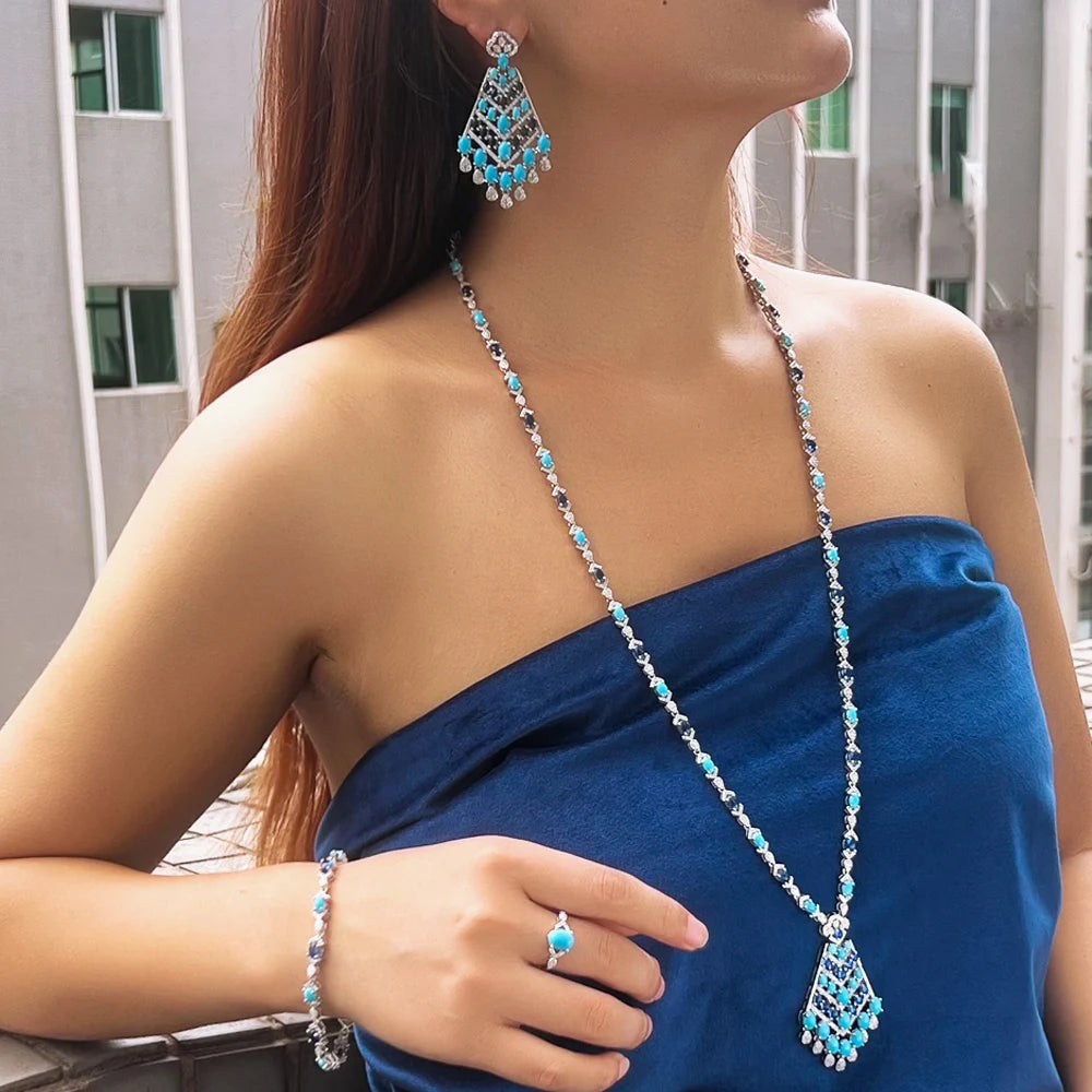 4pcs Elegant Blue Cubic Zirconia Dangling Drop Tassel Long Necklace Women Wedding Party Dubai Bridal Jewelry Set - EUFASHIONBAGS