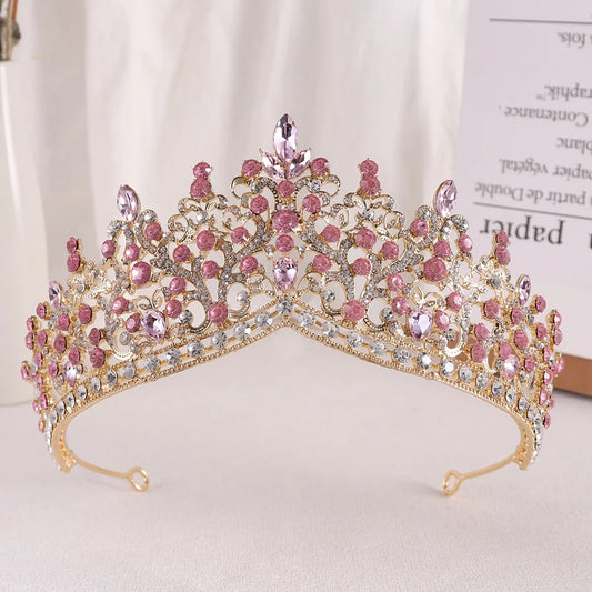 Baroque Vintage Gold Color Pink Crystal Beads Bridal Tiaras Crowns Headwear Women Wedding Party Princess Queen Hair Accessories - EUFASHIONBAGS