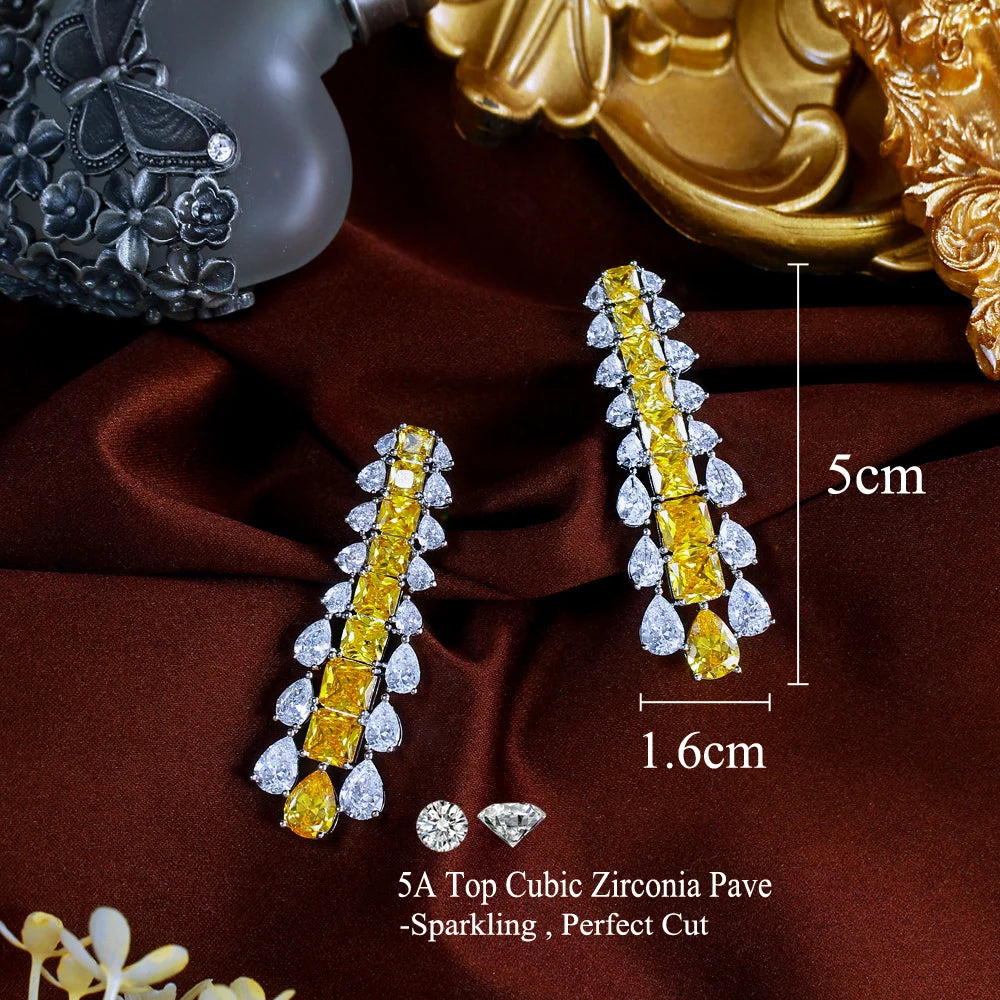 Yellow Cubic Zirconia Water Drop Long Dangle Wedding Bridal Party Earrings for Women Luxury Jewelry - EUFASHIONBAGS