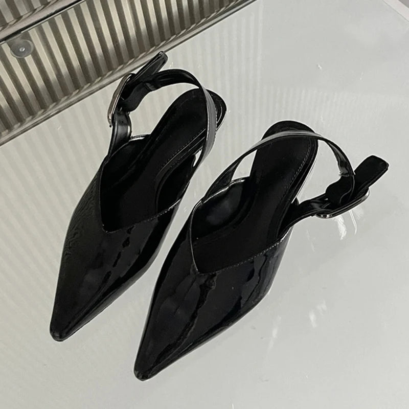 Fashion Design Big Buckle Strap Women Casual Flat Mules Sandals High Quality Cozy Patent Leather Pointed Toe Dress Shoes - EUFASHIONBAGS