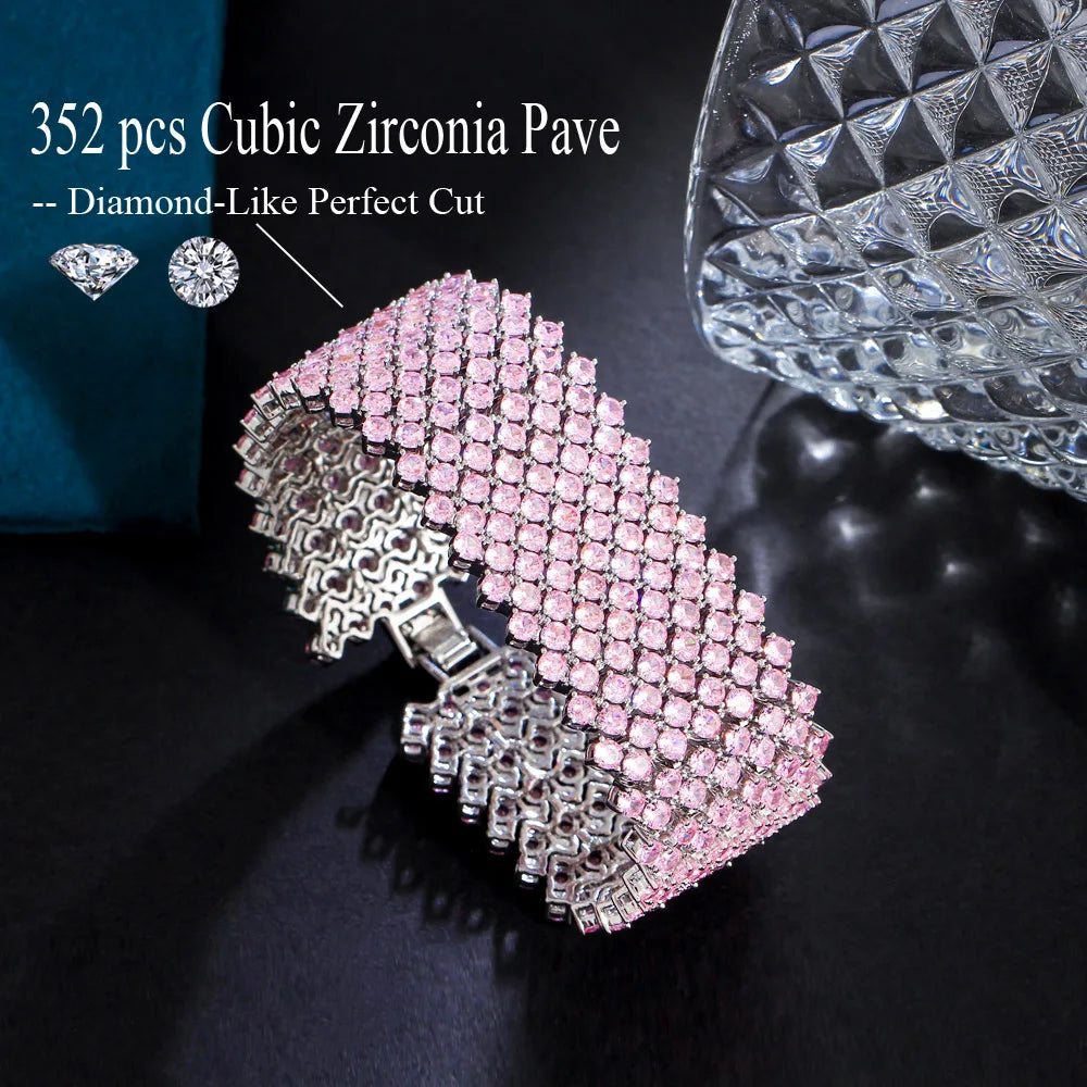 Stunning Multiple Pink Cubic Zirconia Large Wedding Party Bracelet Bangle for Women CZ Jewelry Gift - EUFASHIONBAGS