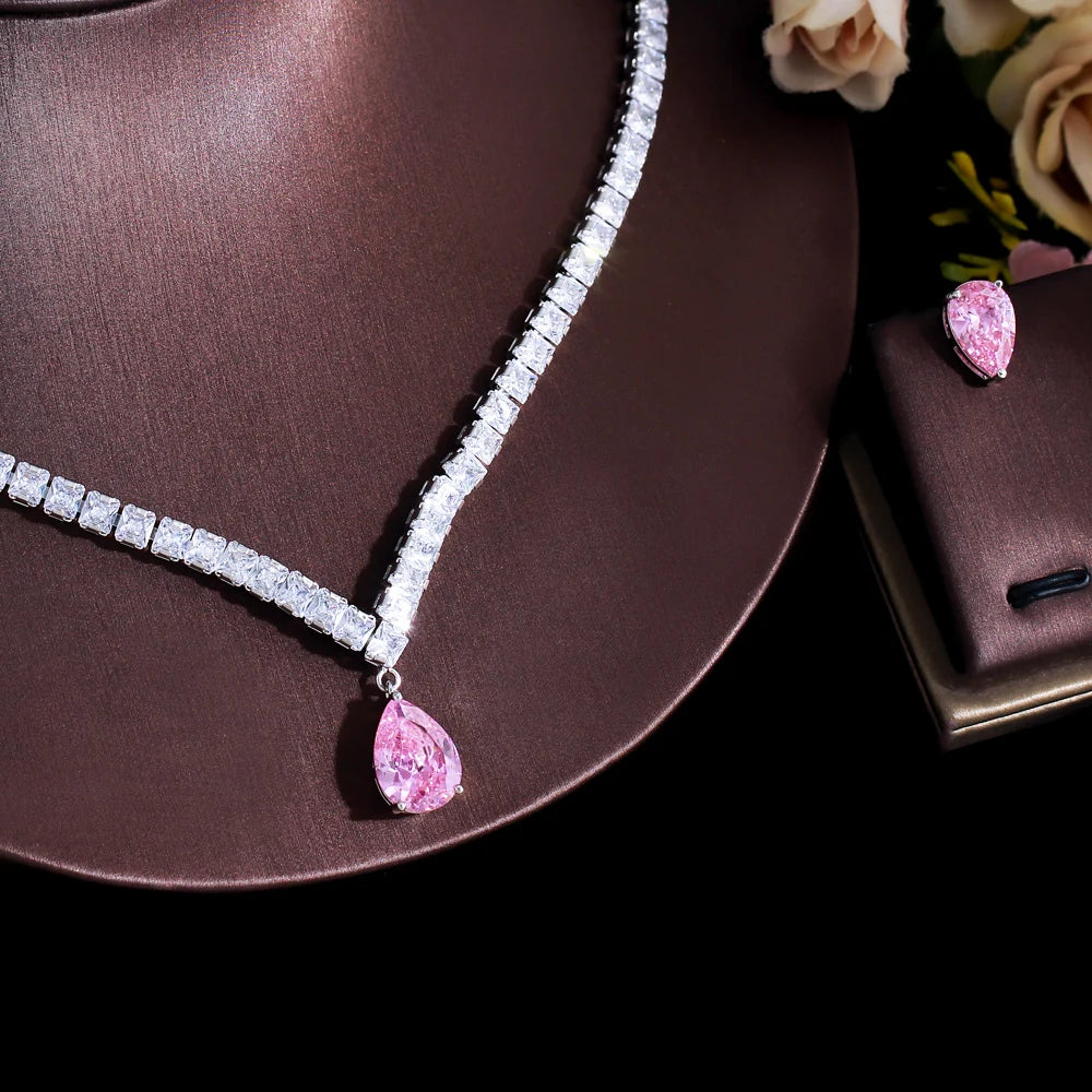 Shiny Pink Cubic Zirconia Water Drop Wedding Engagement Party Necklace Bridal Jewelry Sets Accessories - EUFASHIONBAGS