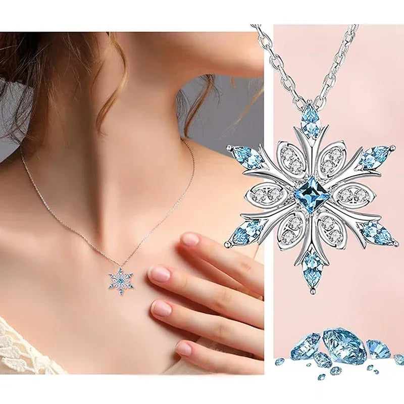 Sky Blue Snowflake Necklace Women for Wedding Party Romantic Anniversary Gift Christmas Exquisite Girls Jewelry - EUFASHIONBAGS