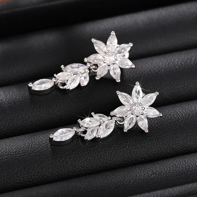 Sparkling Cubic Zirconia Dangle Earrings Women Aesthetic Flower Design Luxury Bridal Wedding Earrings New Fashion Jewelry - EUFASHIONBAGS