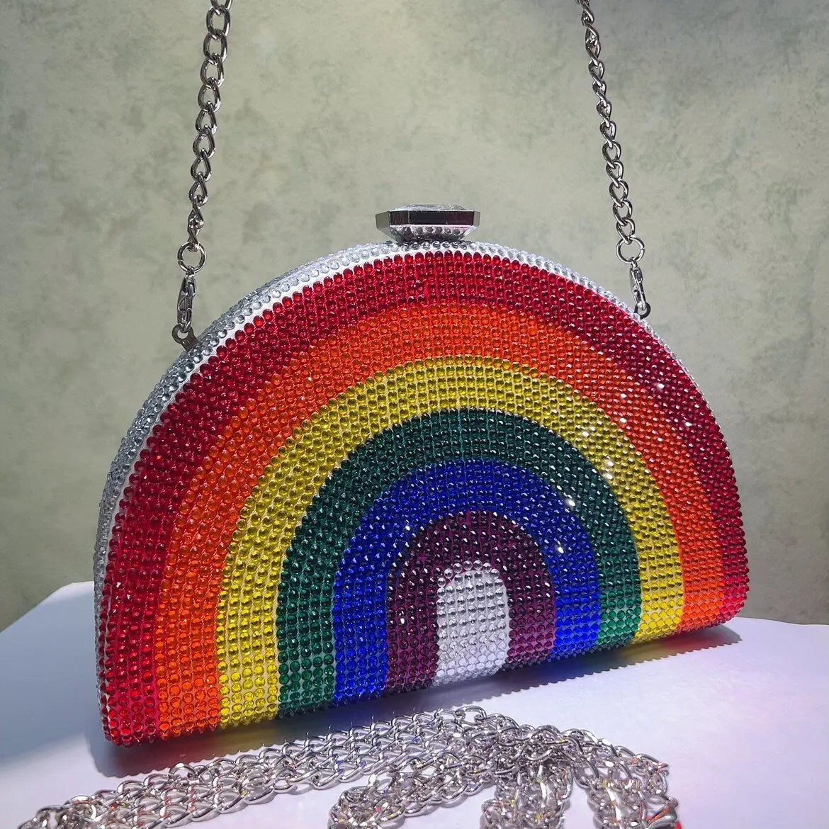 Rainbow Color Crystal Evening Clutch Bags Wedding Party Chain Bag Women Boutique Half Moon Rhinestone Purses And Handbags