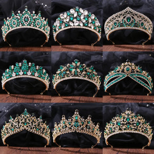 Baroque Luxury Queen Green Crystal Crown Flower Bridal Tiaras Women Princess Pageant Diadem Headpieces Wedding Hair Accessories