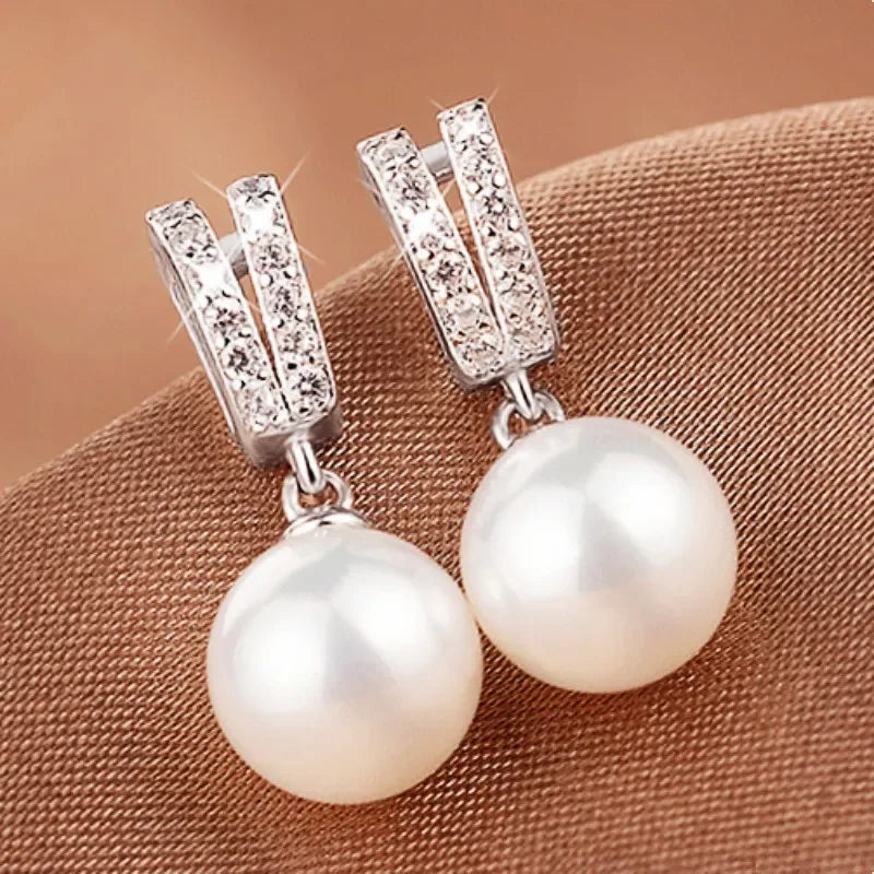 New Trend Imitation Pearl Dangle Earring for Women Luxury Silver Color Bling Cubic Zirconia Fashion Elegant Lady Jewelry