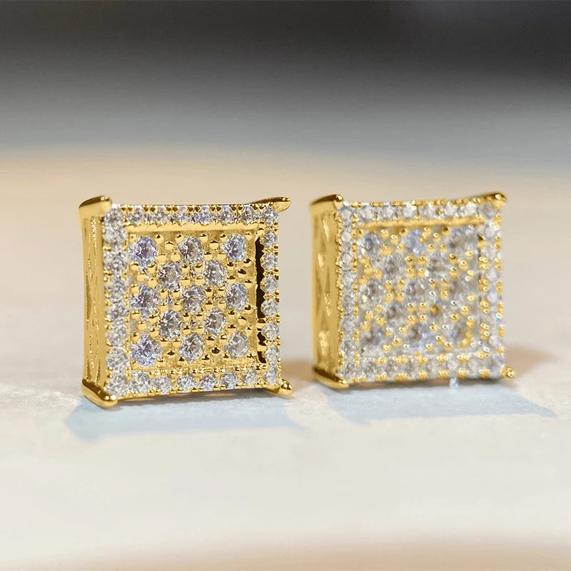 Stylish Square Shape Stud Earrings Female Luxury Gold Color/Silver Color Bright CZ Accessories Shining Fashion Jewelry