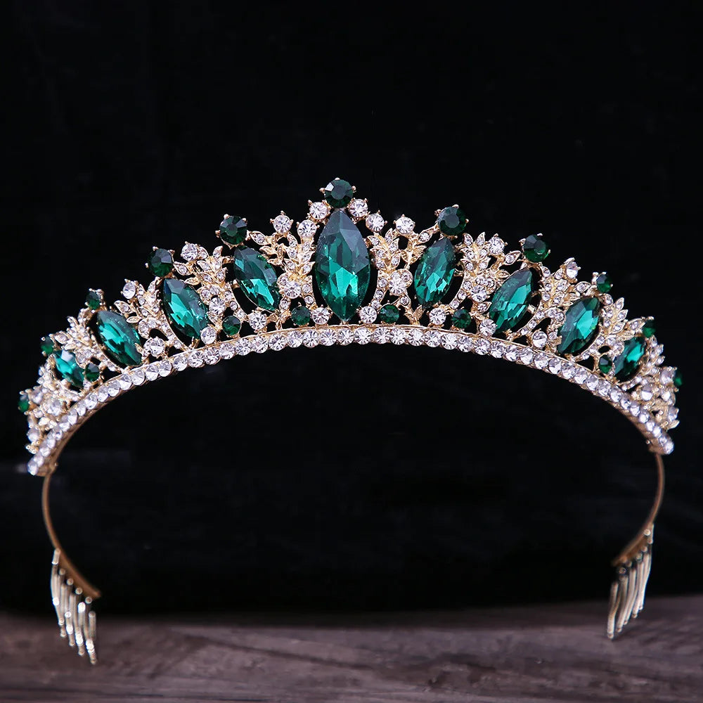 Luxury Green Color Crystal Wedding Crown Bridal Hair Accessories Women Baroque Crown Rhinestones Tiaras Bride Queen Party Crowns - EUFASHIONBAGS