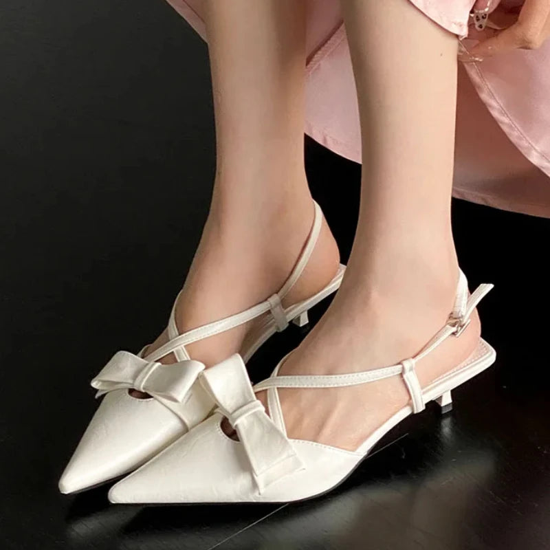 Designer Sandals Women Butterfly-knot Slingback Pointed Toe Pumps Cross-tied Elegant Low Heeled Dress Shoes Zapatos De Mujer