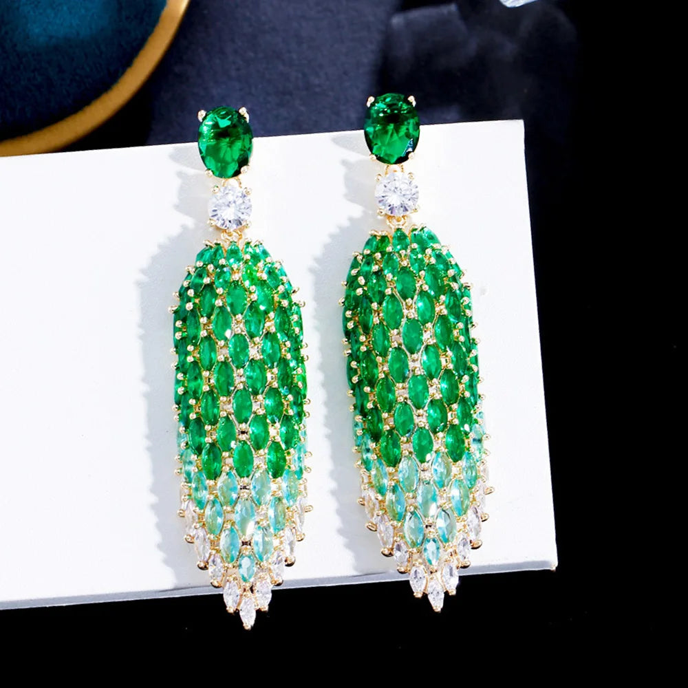 Fringed Marquise Cut Green Cubic Zirconia Stone Long Dangle Drop Chunky Luxury Wedding Party Earrings for Women